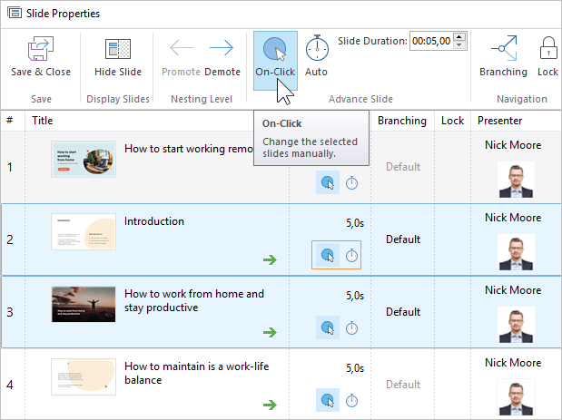 Setting Slide Advance Settings